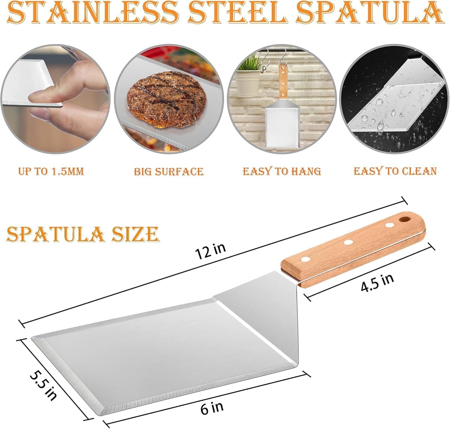 Wooden Metal Spatulas 2Pcs, E-far Professional Large Griddle Spatula Tools Set - Image 2