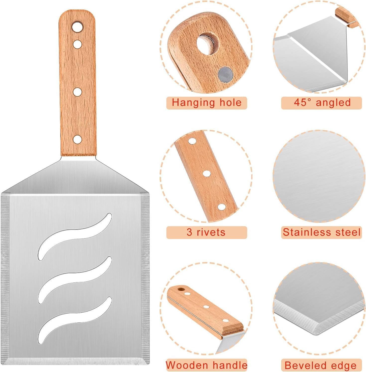 Wooden Metal Spatulas 2Pcs, E-far Professional Large Griddle Spatula Tools Set - Image 3